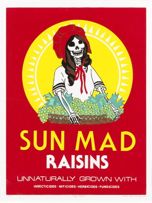 A color print made to look like a box of Sun Maid raisins but with a skeleton holding a tray of grapes and the text, "Sun Mad Raisins."