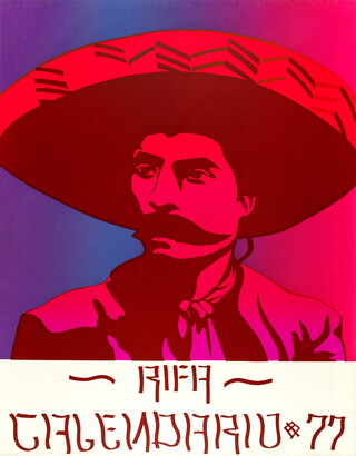 A color print in shades of hot pink of a man wearing a large sombrero, a mustache, and a bandanna around his neck.