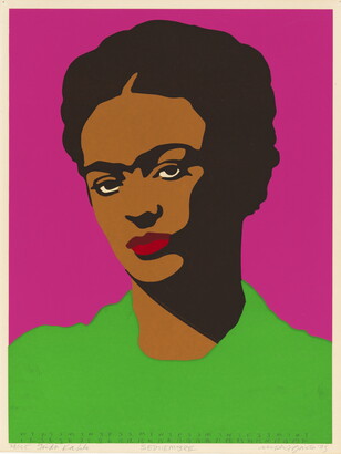 A color print of the head and shoulders of a stylized dark-skinned woman with eyebrows that meet in the middle.