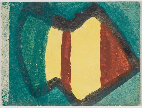 A watercolor with bands of yellow, red, and blue-green inside of an abstract form outlined in black.