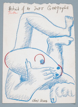 A drawing in blue and red of a human-like form lying on a floor with legs up and head resting in one hand.