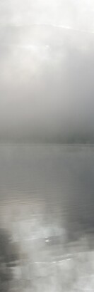 A tall, vertically-oriented color photograph of morning fog reflected on a lake.