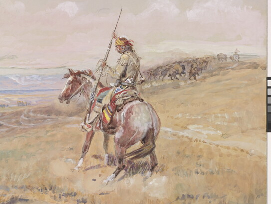 A detail of a watercolor of a mounted Native American confronting a steer.
