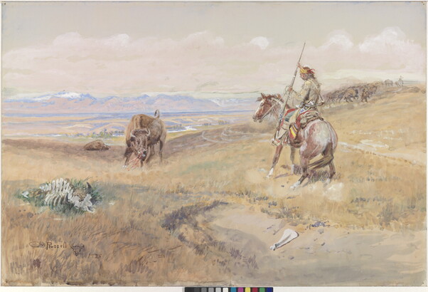 A watercolor of a mounted Native American confronting a steer.