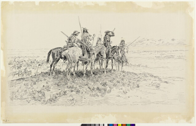 A black-and-white drawing of a group of men, two White and three Native American, on horseback in a prairie.