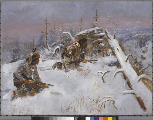 An oil painting of two Indigenous men holding guns and crouching in the snow behind a fallen tree.