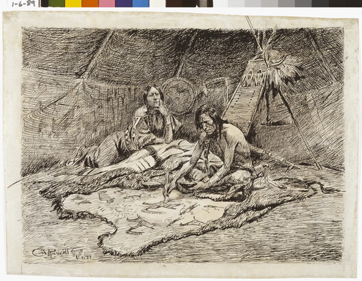 A black-and-white drawing of two Indigenous people sitting in a tipi painting on a hide.