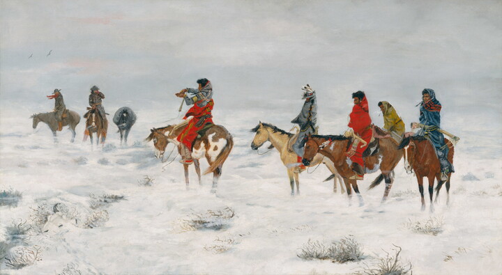 An oil painting of a group of Indigenous people on horseback approaching cowboys on horseback in a snowstorm.