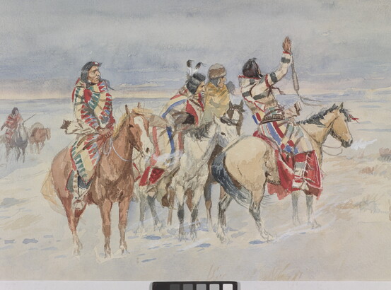 A detail of a watercolor of four Native American figures on horseback looking toward riders in the distance.
