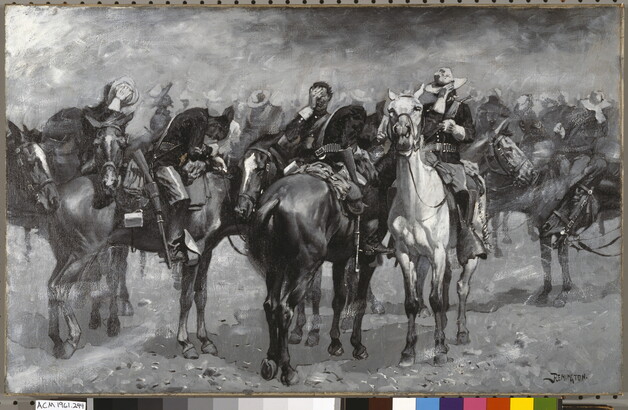 A black-and-white oil painting of a group of soldiers on horseback covering their faces with their hats or hands.