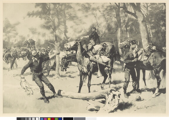 A black-and-white print of soldiers, some on horseback and others standing and pulling on their horses&#039; reins, in a wooded field.