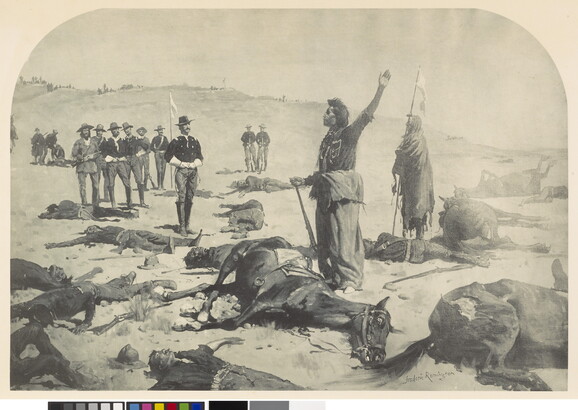 A black-and-white print of an Indigenous figure standing, with arm raised, surrounded by dead horses and men as uniformed White men stand nearby.