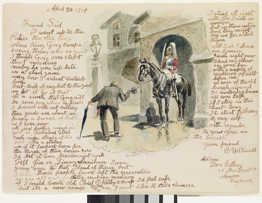 An ink and watercolor drawing of man in civilian dress bowing in front of a soldier on horseback surrounded by a hand-written letter.
