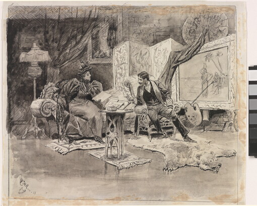 A black-and-white drawing of a man seated in front of an unfinished painting gesturing toward a woman seated nearby on a sofa.