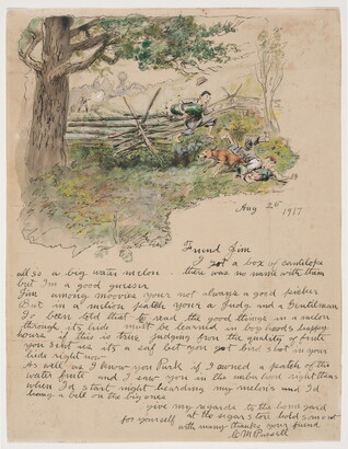Above a letter addressed to &quot;Friend Jim,&quot; a color drawing of two boys, each holding a watermelon, and a dog jumping over a fence away from a man pointing a rifle at them.