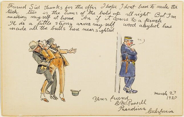 A watercolor and ink drawing of a man in a gray suit mugging a man in a yellow suit as a police officer looks the other way; handwritten text surrounds the drawing.