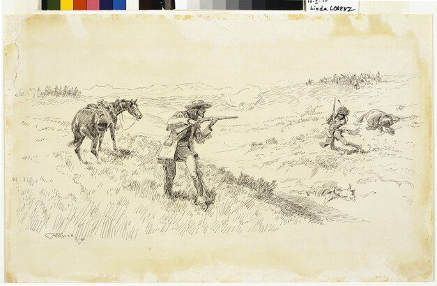 A black-and-white drawing of a man standing by his horse and pointing his gun at another man who falls to the ground.