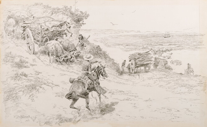 A black-and-white drawing of a cowboy directing ox-pulled carts carrying cowhides down a hill.