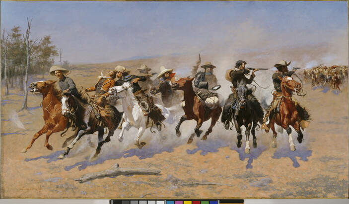 An oil painting of a group of men on horseback riding directly toward the viewer, shooting guns over their shoulders at people in pursuit.