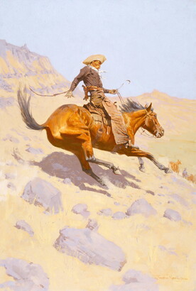 An oil  painting of a cowboy riding a horse that is sliding down a steep, rocky incline.