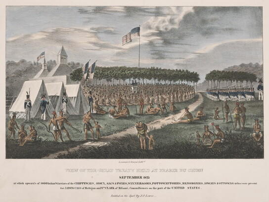 A color print of a large group of Indigenous figures listening to two White men at a podium, a group of soldiers seated in chairs next to them, and in the foreground, Indigenous people in various activities in front of three white tents.