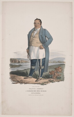 A color print of a light-skinned man wearing a long white shirt under a vest, a long blue coat, and dark blue pants on the bank of a river.