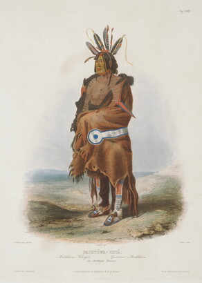 A color print of an Indigenous man with feathers in his hair, draped in a fringed animal skin blanket over beaded leggings and moccasins.