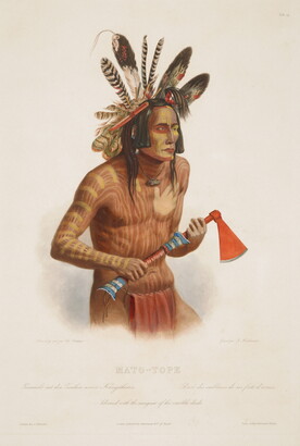 A color print of an Indigenous man wearing a feathered headdress, face and torso painted in red and white, wearing a red loincloth, and holding a red hatchet.