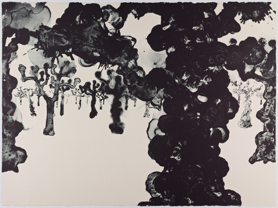 An abstract black-and-white print of tree-like shapes made up of clumped circular forms.