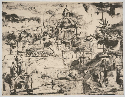 A black-and-white print of a cityscape, buildings, a monument, and people including a man sitting on a bench and a person lying down, all in a sketchy style.