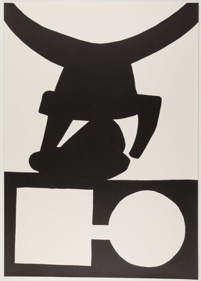 A black-and-white print of abstract geometric and curved shapes stacked on top of one another.