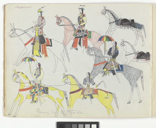 A stylized drawing of a group of multi-colored horses, most with riders dressed in Indigenous clothing.