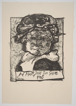 A black-and-white portrait print of a cartoon-like White man frowning.