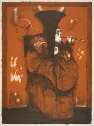 A color print of a figure playing an pipe-like instrument while wearing a black, cone-shaped hat and robe that has many subtle faces on it.
