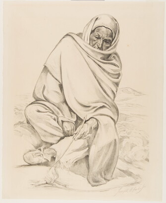 A black-and-white print of a seated Indigenous person wrapped in a blanket poking a fire with a stick.