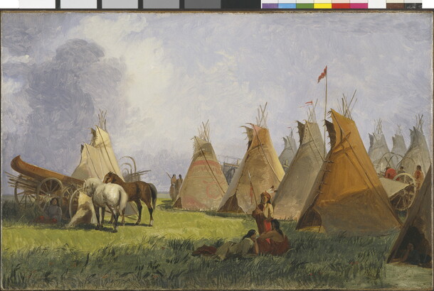 An oil painting of an American Indian campsite with people sitting in front of a row of tipis and horses standing nearby.