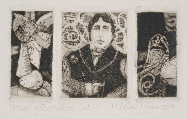 A black-and-white print of three scenes with a portrait of Oscar Wilde in the center and household items on either side.