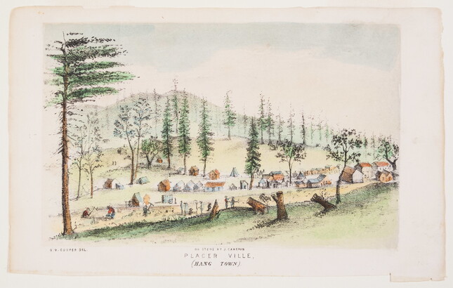 A color print of a quaint village on a wooded hill and people chopping down trees to make more room.