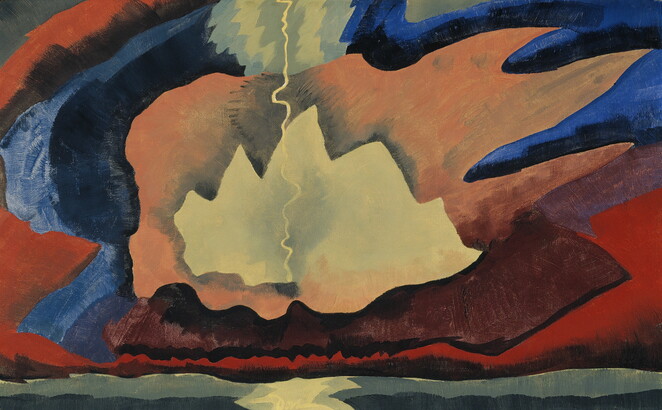 An abstract landscape painting of a lighting bolt with jagged blocks of color echoing across the sky.