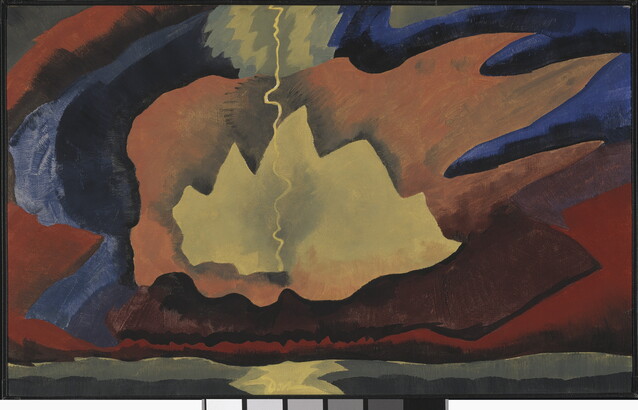 An abstract landscape painting of a lighting bolt with jagged blocks of color echoing across the sky.