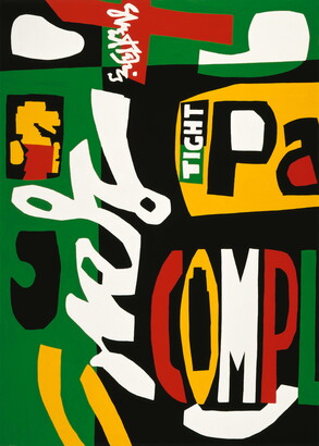 An abstract painting of words and shapes in bright yellow, red, green, white, and black.