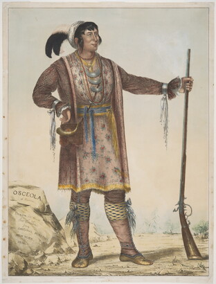 A watercolor portrait of an Indigenous person wearing traditional clothing holding a rifle with the butt placed on the ground.