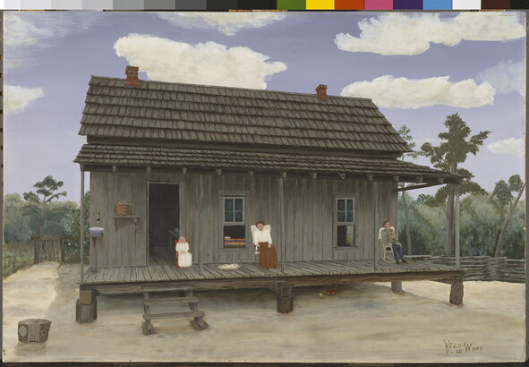 An oil painting of a White man, White woman, and a White child sitting in chairs on the porch of a wood house.