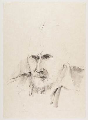 A black-and-white portrait print, rendered in a sketch-like style, of the head and shoulders of a White man with little to no hair, a beard, and deep-set eyes.