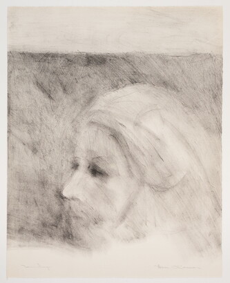 A black-and-white print of a woman&#039;s face in profile in a very soft and abstract style.