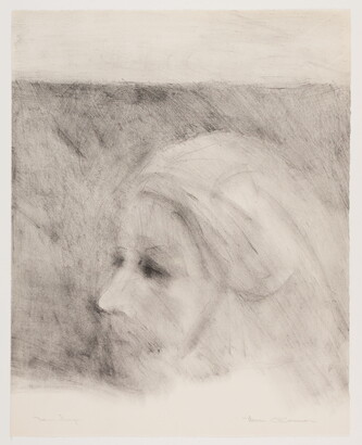 A black-and-white print of a woman&#039;s face in profile in a very soft and abstract style.