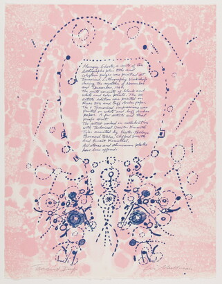 A color print of a delicate blue design on a pink background surrounding a handwritten text.