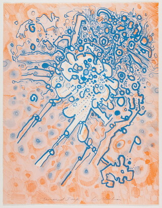 An abstract color print of swirling blue lines and circular forms on an orange bubble-like background.