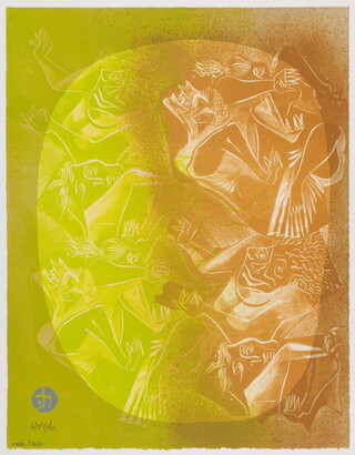 A color print of many nude, abstract women in brown and bright green with a transparent orange and yellow circles superimposed over them.