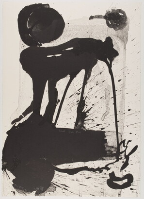 An abstract print of an black organic form with drips and splattered lines.